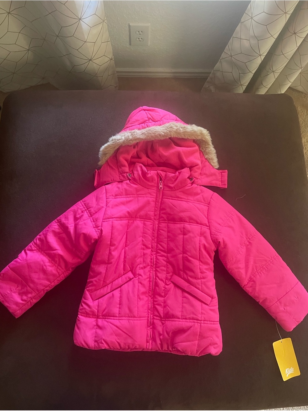 Kids Pink Hooded Winter Coat with Faux-Fur Trim Size 5T - 6T
